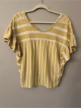Lucky Brand Mustard Stripe V-Neck Ruffle Sleeve Tee